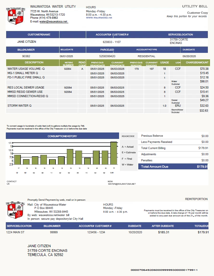 USA Wauwatosa Water utility bill template in Word and PDF formats